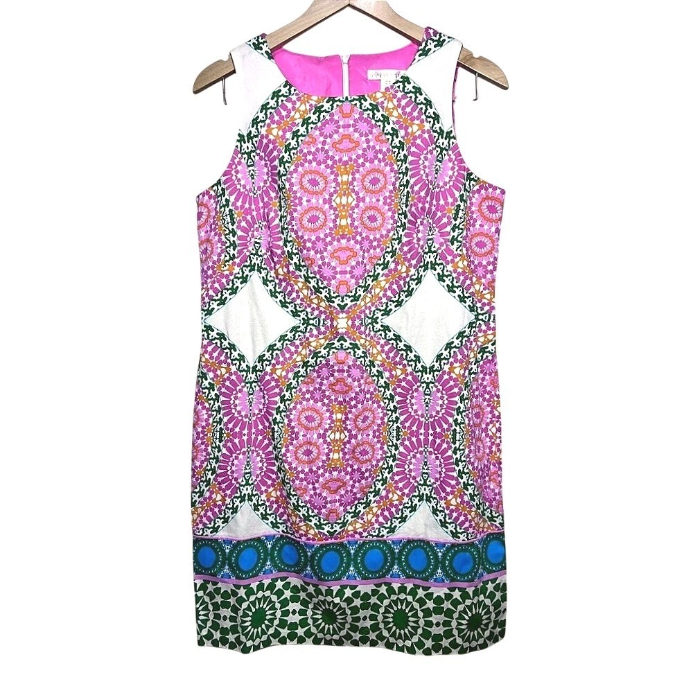 London Times Pink Green Floral Mosaic Preppy Tank Shift Cotton Dress‎